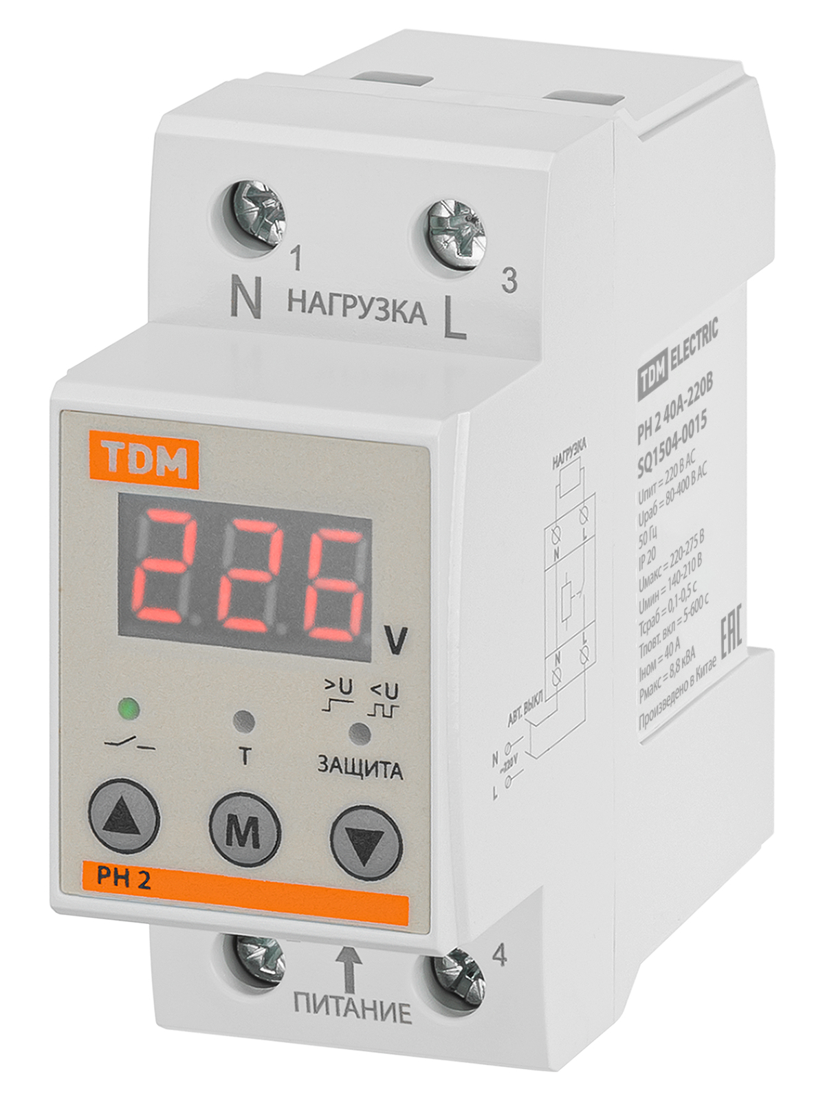 TDM ELECTRIC SQ1504-0016 Реле напряжения 1ф РН 2 63А-220В (LED-дисплей)