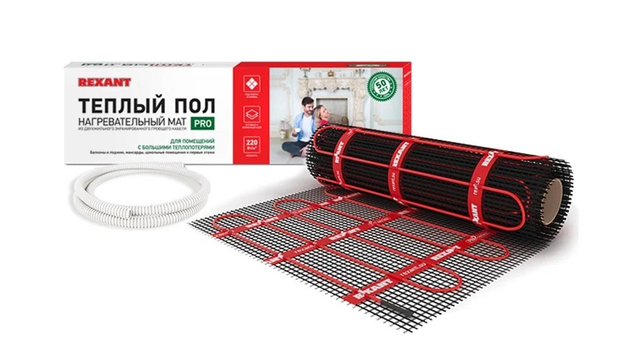 Тёплый пол 51-0010 ∙ Теплый пол, нагревательный мат PRO RNX-1-220 1м², 0,5х2,0м, 220Вт двухжильный, с экраном REXANT