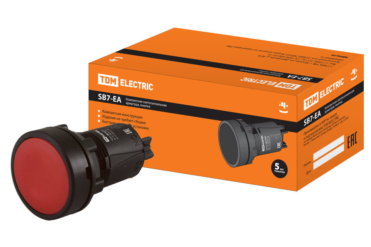 Кнопка TDM ELECTRIC SQ0746-0019 SB7-EA42 с возвратом, красная, IP40 (Упаковка 10шт)