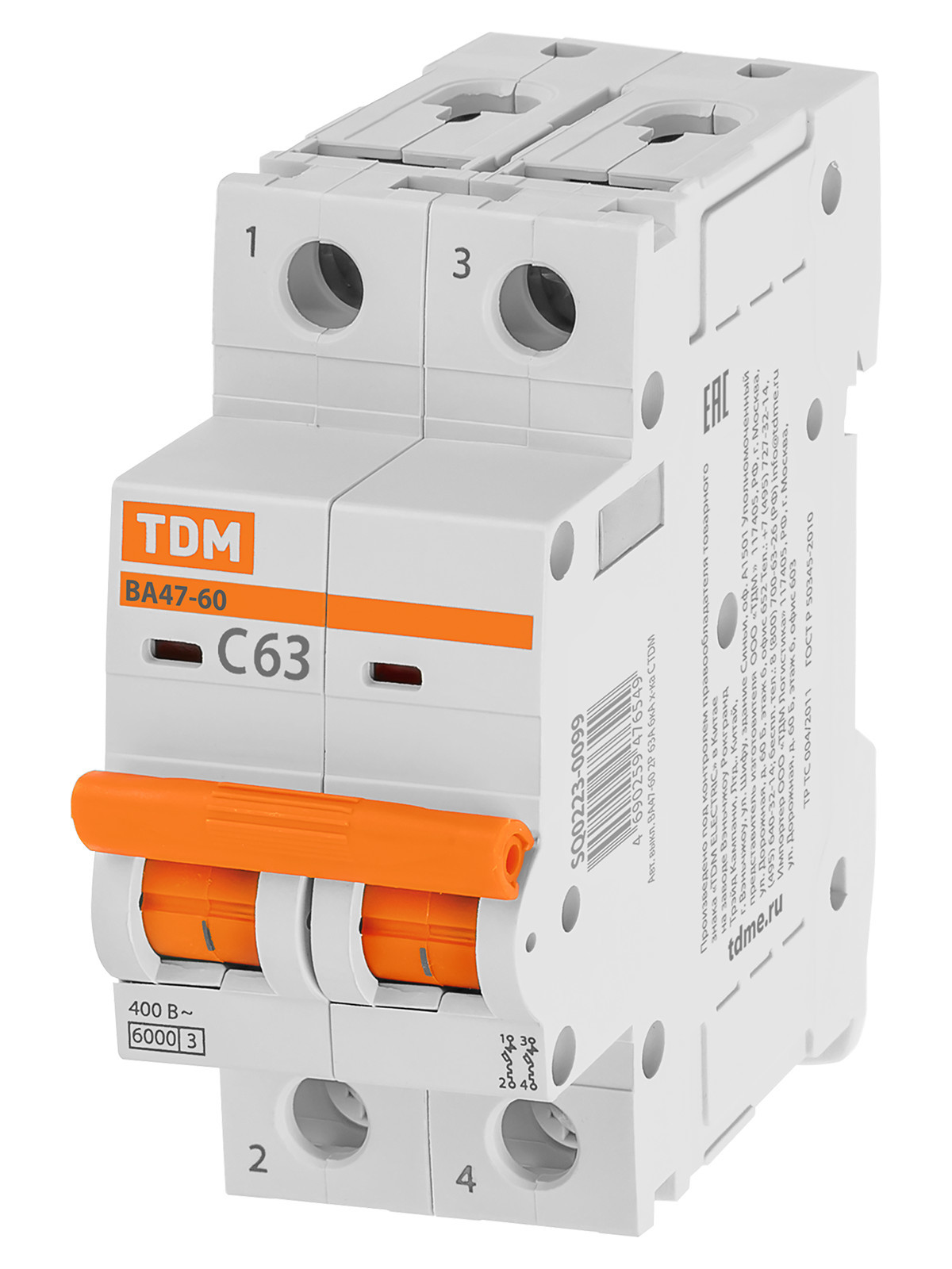 Выключатель автоматический модульный TDM ELECTRIC SQ0223-0099 ВА47-60 2Р 63А 6кА х-ка С