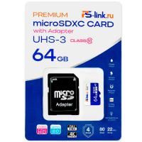 Карта памяти microSD Ps-Link VD-64G 10 класс 64ГБ + SD адаптер
