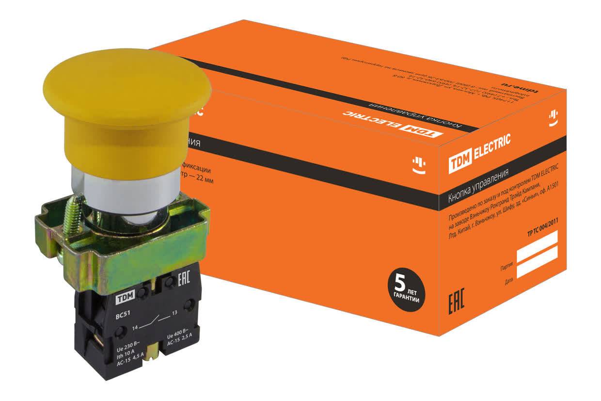 Кнопка грибовидная TDM ELECTRIC SQ0704-0045 SB2-BС51 с возвратом, желтая, IP40