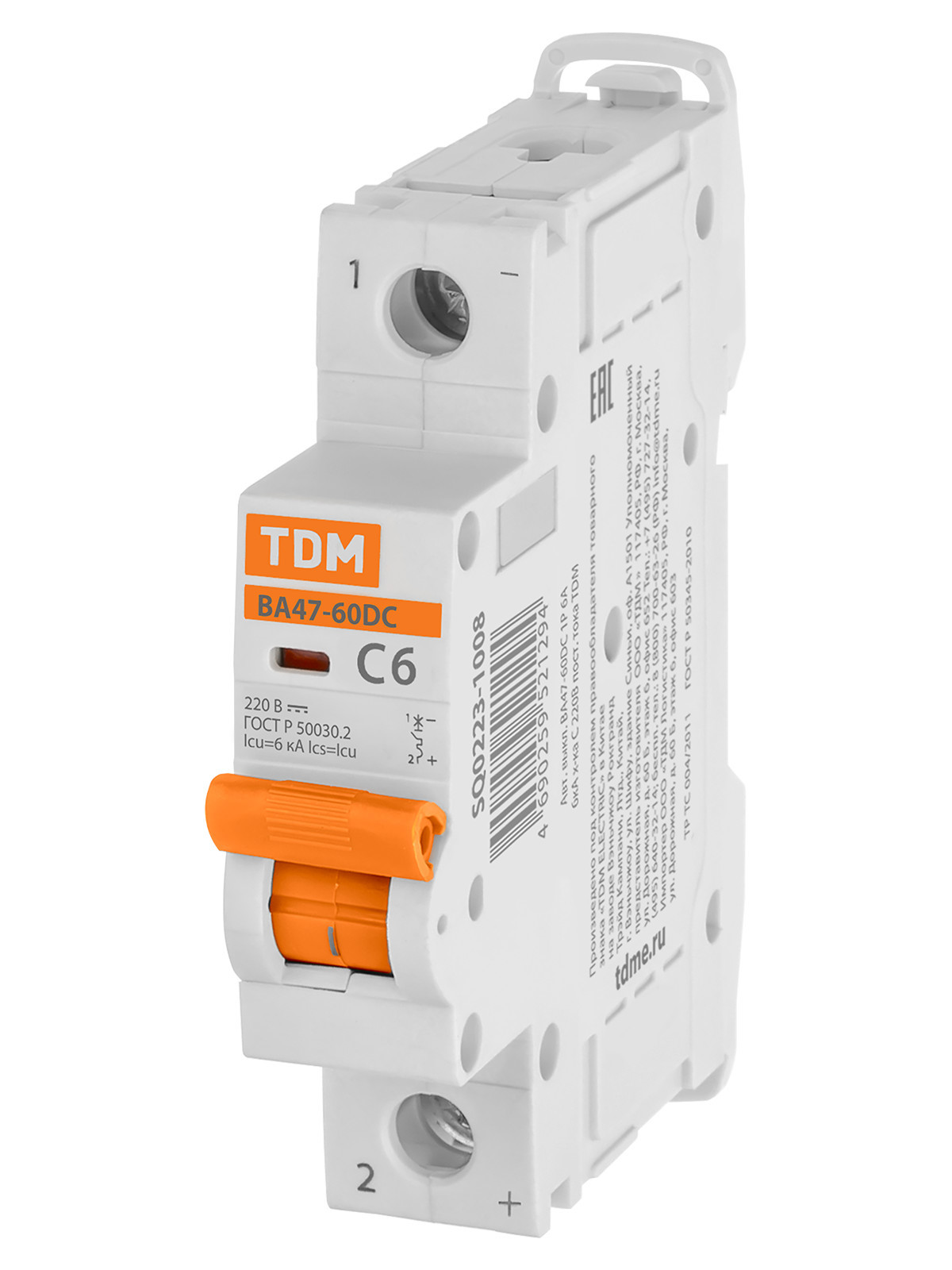 Выключатель автоматический модульный TDM ELECTRIC SQ0223-1008 ВА47-60DC 1P 6А 6кА х-ка С 220В пост. тока