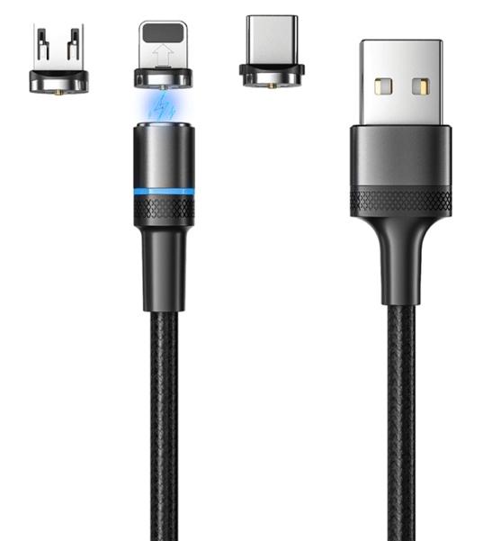 Шнур 18-7076 ∙ Кабель USB 3в1 со съёмными магнитн.портами Type-С 2A, Lightning 2.4A, Micro USB 2A, 1.2м, чёрный,LED подсветка