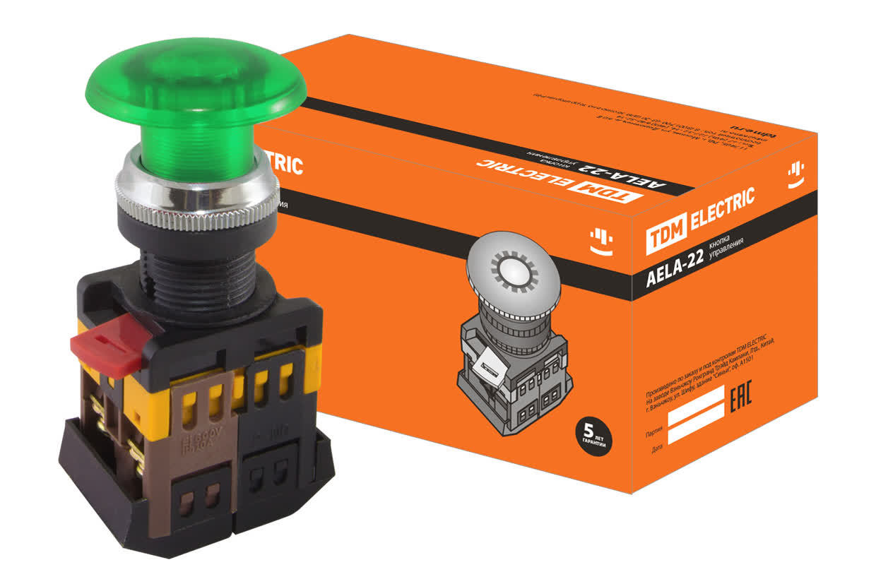 Кнопка грибовидная TDM ELECTRIC SQ0704-0014 AELA-22 зеленая, неон/230В