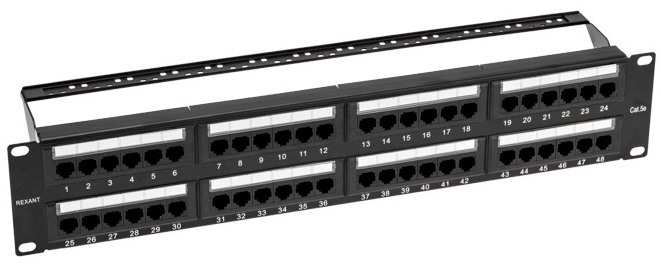 02-0032 ∙ Панель коммутационная с кабельными органайзерами 19", 2U, 48 портов, UTP, RJ-45, CAT 5e Rexant PRO