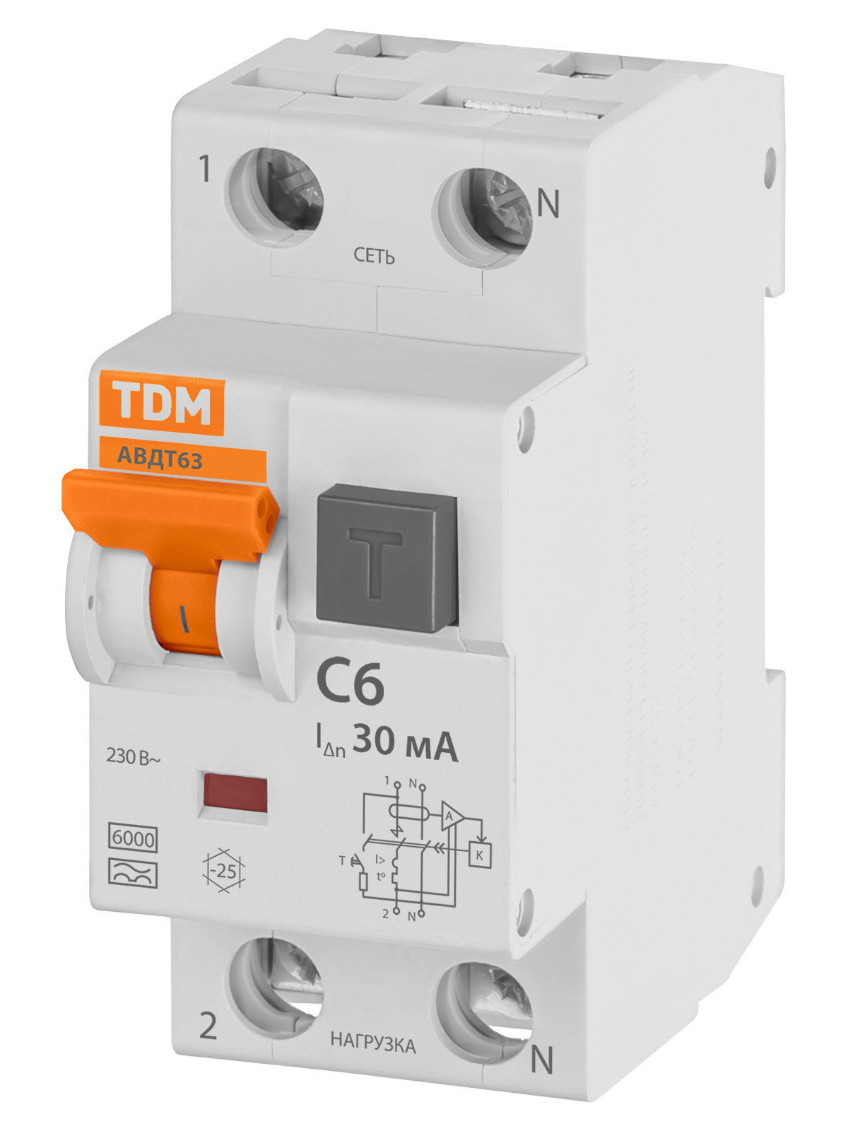 Выключатель автоматический дифференциального тока TDM ELECTRIC SQ0202-0012 АВДТ 63 2Р(1Р+N) C63 30мА 6кА тип А