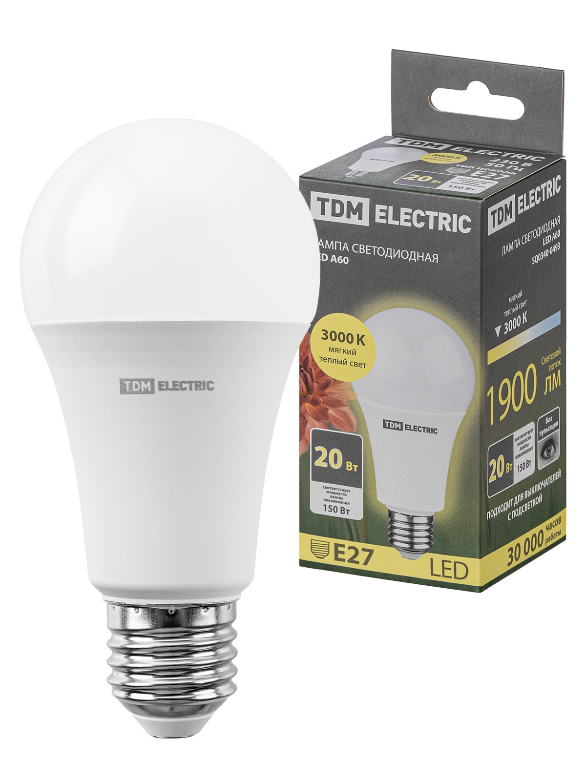 Лампа светодиодная TDM ELECTRIC SQ0340-0493 А60 20 Вт, 230 В, 3000 К, E27