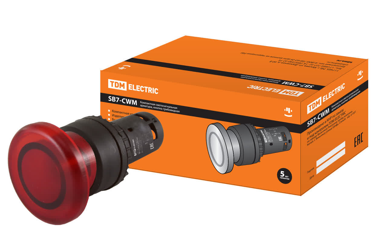 Кнопка грибовидная TDM ELECTRIC SQ0746-0051 SB7-CWM42 с возвратом, красная, 220В, IP40 (Упаковка 10шт)