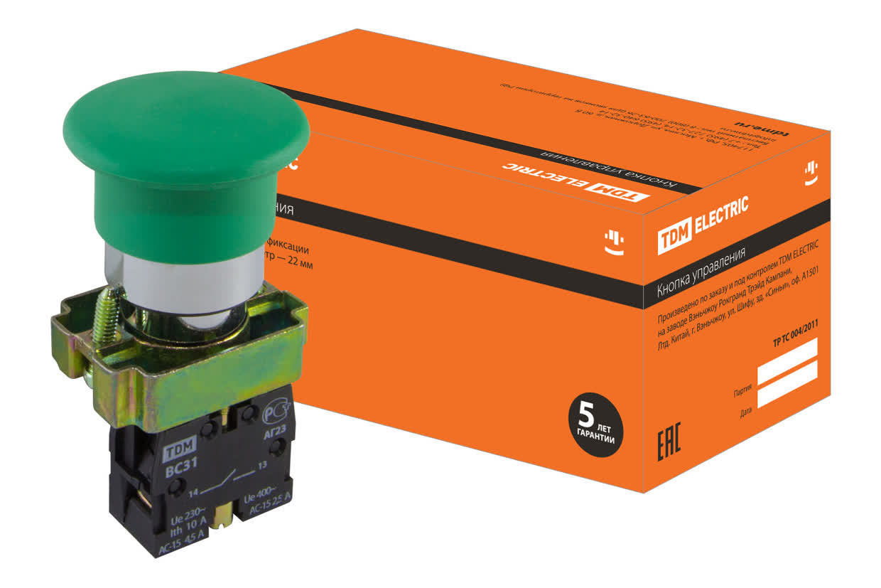 Кнопка грибовидная TDM ELECTRIC SQ0704-0043 SB2-BС31 с возвратом, зеленая, IP40