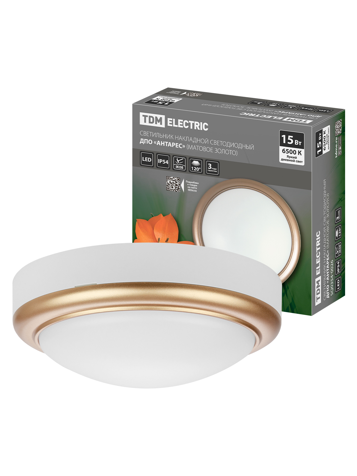 Светильник накладной TDM ELECTRIC SQ0354-0026 ДПО "Антарес" 15Вт 6500К круг 180*66 мм мат.золото IP54