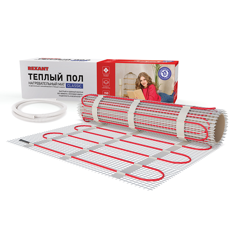 Тёплый пол 51-0516-2 ∙ Теплый пол, нагревательный мат REXANT Classic RNX-9-1350, двухжильный, с экраном, площадь 9 м², 0.5х18 м, 1350 Вт
